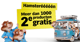 Actieafbeelding met Albert Heijn hamsters in blauwe outfits en busje voor de Hamsteren-campagne, met gele tekst: "Hamsteréééééén. Meer dan 1000 producten 2e gratis".