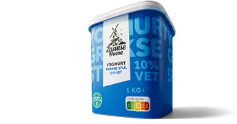 Yoghurt Griekse stijl 10% vet van De Zaanse Hoeve in een blauwe verpakking van 1 kg, met Nutri-Score label.