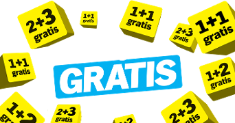 Promotie afbeelding met verschillende gele stickers waarop teksten staan als "1+1 gratis", "2+3 gratis" en in het midden groot "GRATIS", verwijzend naar gratis aanbiedingen bij Albert Heijn.