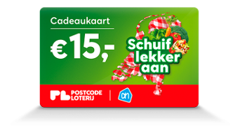 Groene cadeaukaart van €15,- van de Postcode Loterij en Albert Heijn met de tekst "Schuif lekker aan" en een illustratie van Nederland gevuld met groenten.