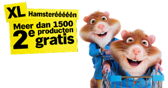 Actieafbeelding met Albert Heijn hamsters in blauwe outfits en winkelwagen voor de Hamsteren-campagne, met gele tekst: "Hamsteréééééén. Meer dan 1500 producten 2e gratis".