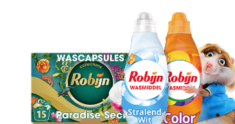 Robijn wasmiddelen en wascapsules assortiment met Paradise Secret, Stralend Wit en Color verpakkingen met mascotte.