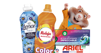 Fles Lenor wasverzachter, fles Robijn wasmiddel en doos Ariel 4-in-1 pods, met een vrolijke animatiehamster op de achtergrond.