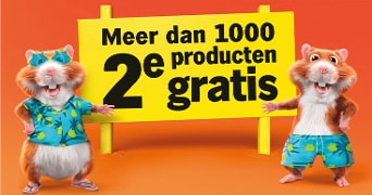 Promotiebeeld met twee hamsters voor een bord met de tekst "Meer dan 1000 2e producten gratis".