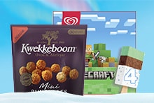 Zak Kwekkeboom mini oven bitterballen voor een Minecraft achtergrond met een Minecraft-ijsje van Ola.