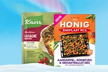Twee maaltijdmixen van de merken Knorr (Lasagne) en Honig (Bakplaat Mix) tegen blauwe achtergrond