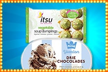 Twee producten: Itsu vegetable soup dumplings en Hertog Drie Chocolades ijs, getoond op een blauwe achtergrond met lichteffecten.
