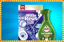 Afbeelding van Witte Reus toiletblok en Dreft 3 in 1 Power spray op een blauwe achtergrond met lichteffecten.