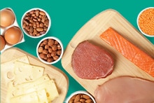 Plank met verschillende eiwitrijke voedingsmiddelen zoals eieren, kaas, bonen, zalm, rundvlees en kipfilet.