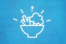 Gedetailleerde witte lijntekening van een kom met groente en een vraagteken erboven op een blauwe achtergrond