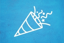 Illustratie van een feesthoedje met confetti op een blauwe achtergrond