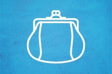 Getekende witte portemonnee op een blauwe achtergrond