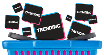 Blauwe winkelmand gevuld met meerdere zwarte blokken waarop het woord "TRENDING" staat.