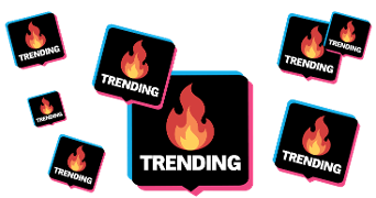 Afbeelding met meerdere zwarte vlakken waarop een rode vlam en het woord "TRENDING" staan, weergegeven in een speels patroon.