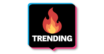 Illustratie van een vurige vlam boven het woord "TRENDING" in witte hoofdletters, met een omlijsting in blauw en roze.