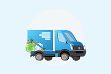 Blauwe bezorgwagen met boodschappen, waaronder groente, fruit en melkproducten