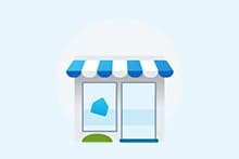 Illustratie van een winkel met een blauwe en witte zonwering