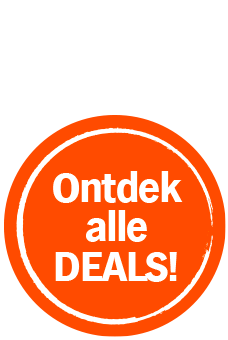 Ronde oranje knop met witte tekst: "Ontdek alle DEALS!"