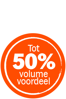 Ronde oranje sticker met de tekst "Tot 50% volumevoordeel"