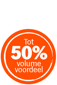 Ronde oranje sticker met de tekst "Tot 50% volumevoordeel"