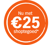 Oranje cirkel met daarin de tekst: "Nu met €25 shoptegoed".
