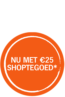 Oranje cirkel met tekst "Nu met €25 shoptegoed*"
