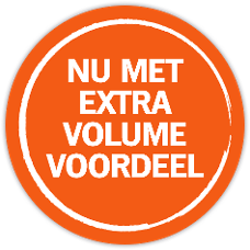 Ronde oranje sticker met witte tekst: Nu met extra volume voordeel