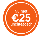 Oranje ronde sticker met tekst "Nu met €25 lunchtegoed*"