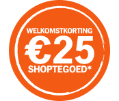 Ronde oranje sticker met tekst "Welkomstkorting €25 shoptegoed".