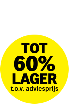 Geel rond label met de tekst: Tot 60% lager t.o.v. adviesprijs