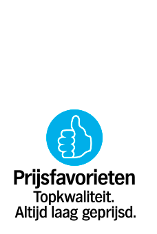Prijsfavorieten logo met tekst "Topkwaliteit. Altijd laag geprijsd." en een duim omhoog symbool.