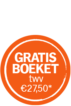 Ronde oranje sticker met de tekst 'GRATIS BOEKET twv €27,50*'