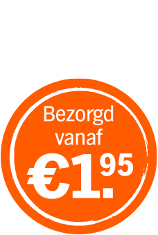 Sticker met tekst 'Bezorgd vanaf €1,95' op oranje achtergrond