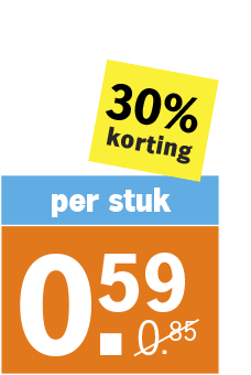 Prijssticker met 30% korting, nu 0,59 euro per stuk, was 0,85 euro