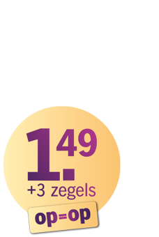 Prijssticker met aanbieding: €1,49 plus 3 zegels, op=op actie