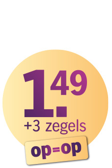 Prijssticker met 1,49 euro, 3 extra zegels en de tekst op=op