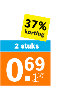 Actie aanbieding: 37% korting, 2 stuks voor 0,69 euro in plaats van 1,10 euro