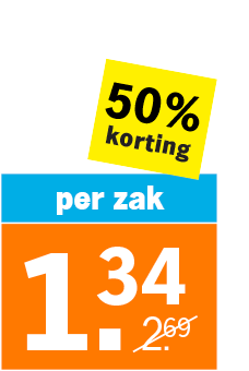 Promotiebord met 50% korting en een prijs van 1,34 euro per zak, afgeprijsd van 2,69 euro