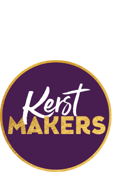 Kerstmakers logo met paarse achtergrond en gouden rand
