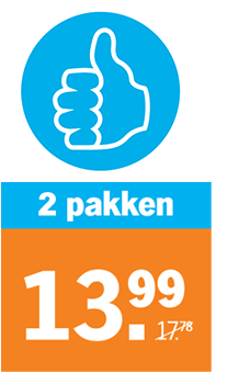 Actie: 2 pakken voor 13,99 euro met duim omhoog symbool, originele prijs 17,78 euro