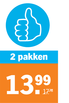 Actieaanbieding: 2 pakken voor 13,99 euro in plaats van 17,78 euro, met duim omhoog icoon