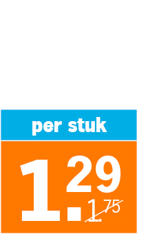 Prijskaart met blauwe en oranje achtergrond, tekst 'per stuk', de nieuwe prijs 1,29 euro en de oude prijs 1,75 euro doorgestreept.