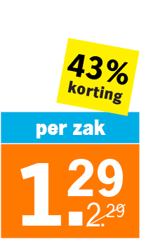 Prijssticker met 43% korting per zak, van 2,29 euro voor 1,29 euro