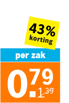 Promotielabel met 43% korting, per zak nu 0,79 euro in plaats van 1,39 euro