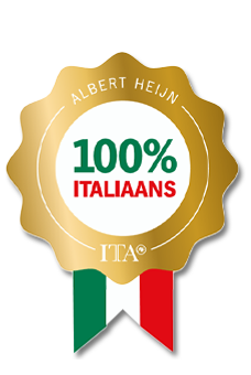 Gouden keurmerk met de tekst "Albert Heijn 100% Italiaans" en een lint in de kleuren van de Italiaanse vlag.