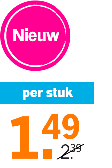 Nieuw product per stuk voor 1,49 euro, afgeprijsd van 2,39 euro.