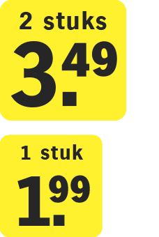Prijskaartje met aanbieding: 2 stuks voor €3,49 of 1 stuk voor €1,99, op een gele achtergrond.