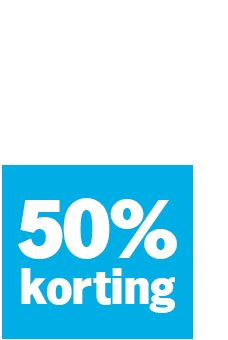 Blauwe aanbiedingsticker met witte tekst '50% korting'