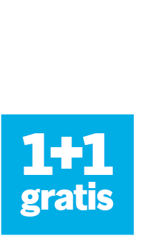 1+1 gratis actie banner op een blauwe achtergrond