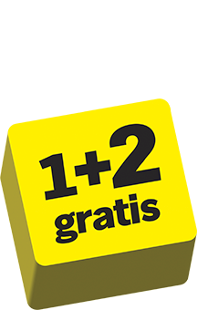 1+2 gratis actie label op een gele achtergrond